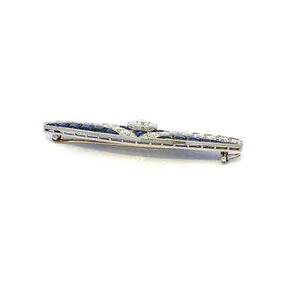 Art-Deco White Platinum Sapphires Pin with Diamonds