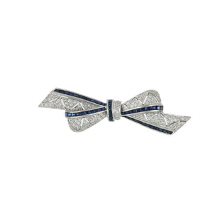 Vintage 1980s 18K White Gold Sapphire and Diamond Bow Pin