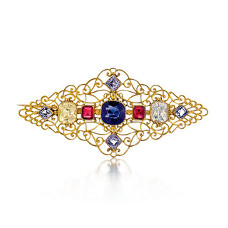 Masterpiece Victorian Carlo Giuliano 18K Gold No Heat Multicolored Sapphire & Ruby Openwork Pin
