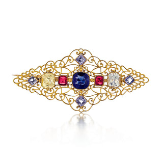 Masterpiece Victorian Carlo Giuliano 18K Gold No Heat Multicolored Sapphire & Ruby Openwork Pin