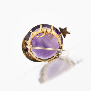 Victorian 15K Amethyst Moon & Star Pin with Pearls