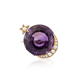 Victorian 15K Amethyst Moon & Star Pin with Pearls