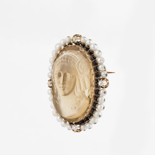 French Napoleon III 18K Gold Carved Citrine Cameo Pin with Diamonds & Pearls