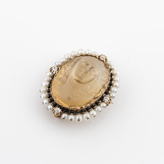 French Napoleon III 18K Gold Carved Citrine Cameo Pin with Diamonds & Pearls
