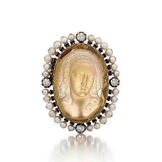 French Napoleon III 18K Gold Carved Citrine Cameo Pin with Diamonds & Pearls