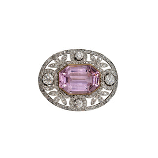 Edwardian Platinum-Topped 18K Gold Morganite Openwork Pin
