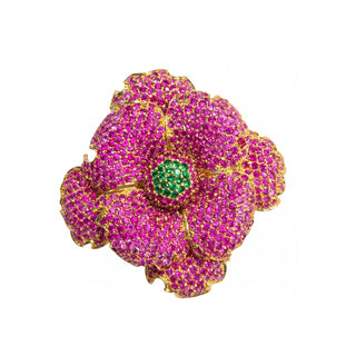 Estate Sonia B 14K Gold Pink Sapphire Flower Pin with Tsavorite Garnets