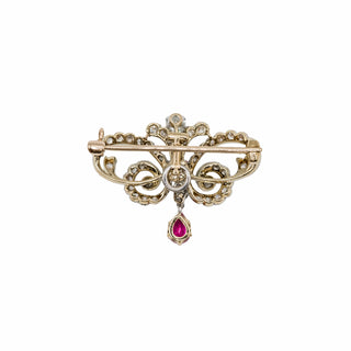 Edwardian Platinum Topped 18K Gold Ruby & Diamond Ribbon Pin/Pendant