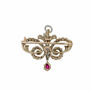 Edwardian Platinum Topped 18K Gold Ruby & Diamond Ribbon Pin/Pendant