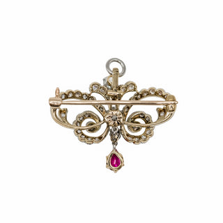 Edwardian Platinum Topped 18K Gold Ruby & Diamond Ribbon Pin/Pendant