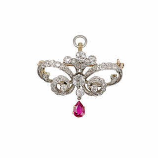 Edwardian Platinum Topped 18K Gold Ruby & Diamond Ribbon Pin/Pendant