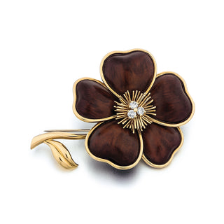 Estate Van Cleef & Arpels 18K Gold Wood and Diamond Clematis Brooch