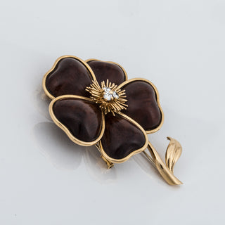Estate Van Cleef & Arpels 18K Gold Wood and Diamond Clematis Brooch