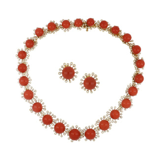 Vintage 1970s 18K Gold Coral and Diamond Sputnik Suite with Diamonds