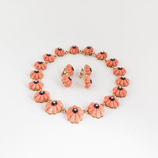 Estate 18K Gold Carved Coral & Onyxes Jewelry Suite with Diamonds