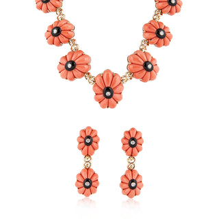 Estate 18K Gold Carved Coral & Onyxes Jewelry Suite with Diamonds