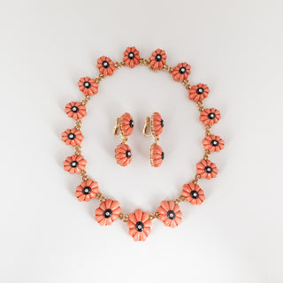 Estate 18K Gold Carved Coral & Onyxes Jewelry Suite with Diamonds