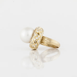 Vintage 1990s 18K Gold Pearl & Diamond Woven Ring