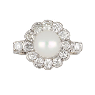 Art Deco Platinum Akoya Pearl Ring with Diamonds