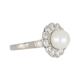 Art Deco Platinum Akoya Pearl Ring with Diamonds