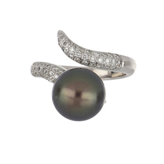 Estate 18K White Gold Tahitian Pearl & Diamond Bypass Ring