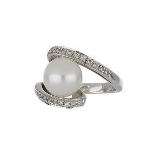 Estate 18K White Gold Cultured Pearl Bypass Ring with Diamonds