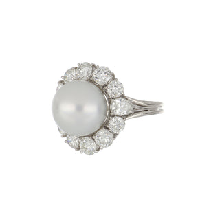 Estate 18K White Gold Cultured Pearl and Diamond Cluster Ring