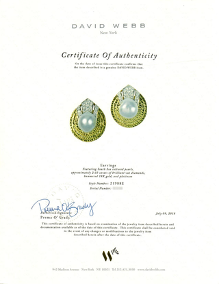Estate David Webb 18K Gold South Sea Pearl Clip Earrings with Diamonds