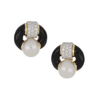 Vintage 1990s David Webb 18K Gold South Sea Pearland Diamond Earrings with Enamel