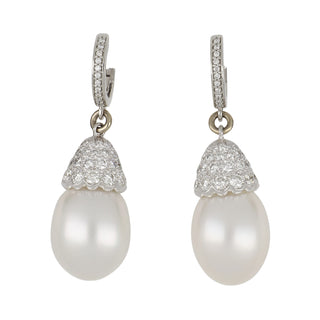 Estate Platinum South Sea Pearl & Diamond Earrings
