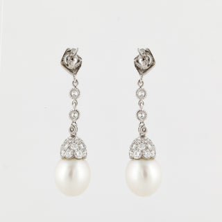Estate Platinum South Sea Pearl & Diamond Drop Earrings