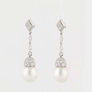 Estate Platinum South Sea Pearl & Diamond Drop Earrings
