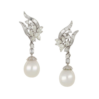Vintage 1980s Platinum South Sea Pearl Day/Night Earrings with Diamonds