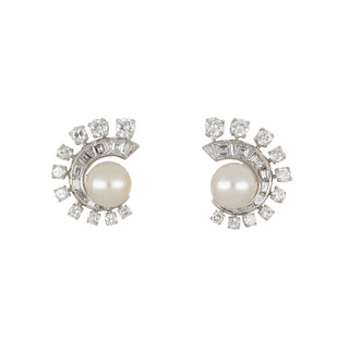 Retro Platinum Akoya Pearl and Diamond Swirl Earrings