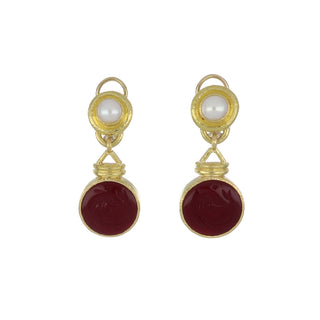 Estate Elizabeth Locke 19K Gold Dolphin Intaglio Earrings with Pearls