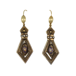 Victorian 18K Gold Seed Pearl Enamel Drop Earrings