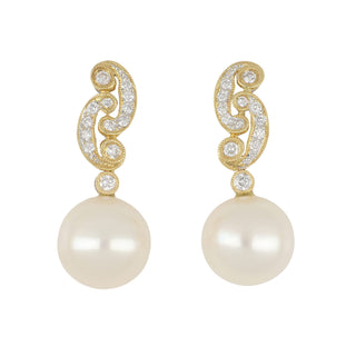 Estate 18K Gold South Sea Pearl Drop Earrings with Diamonds