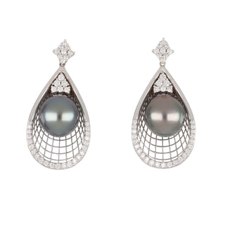 Mastoloni 18K White Gold Tahitian Pearl Drop Earrings with Diamonds