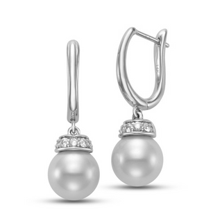 Mastoloni White 14K Gold Freshwater Pearl Drop Earrings with Diamond