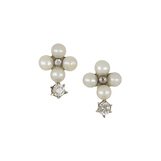 Estate Pearl & Diamond Cluster Stud Earrings