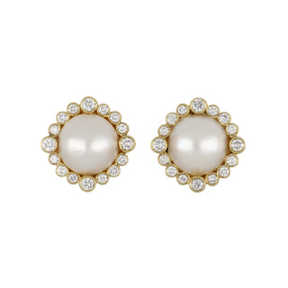 Vintage 1970s 18K Gold Mabe Pearl & Diamond Button Earrings