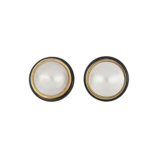 Vintage 1980s 14K Gold Mabé Pearl Button Earrings with Onyx