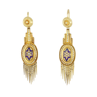 Victorian Etruscan Revival Bearded Fringe Enamel & Pearl Earrings