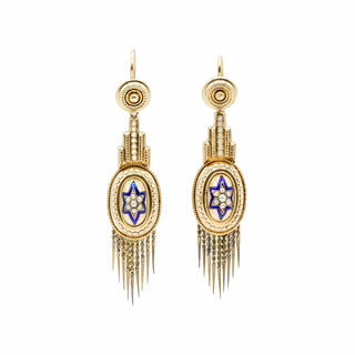 Victorian Etruscan Revival 18K Gold Bearded Fringe Enamel & Pearl Earrings