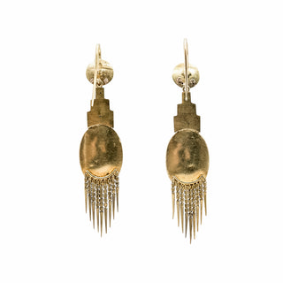 Victorian Etruscan Revival 18K Gold Bearded Fringe Enamel & Pearl Earrings