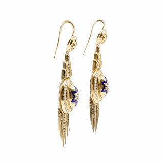 Victorian Etruscan Revival 18K Gold Bearded Fringe Enamel & Pearl Earrings