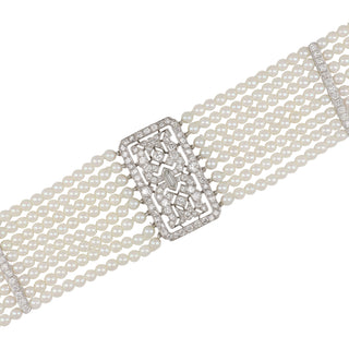 Art Deco Tiffany & Co. Platinum Cultured Pearl and Diamond Choker Necklace