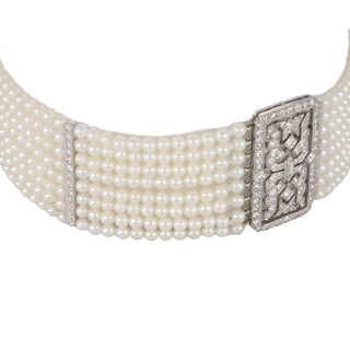 Art Deco Tiffany & Co. Platinum Cultured Pearl and Diamond Choker Necklace