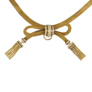 Napoleon III 18K Gold Woven Bow and Tassel Necklace with Pearls