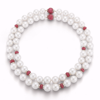 Seaman Schepps 18K White Gold Juno Pearl Necklace with Pave Ruby—Outside Strand